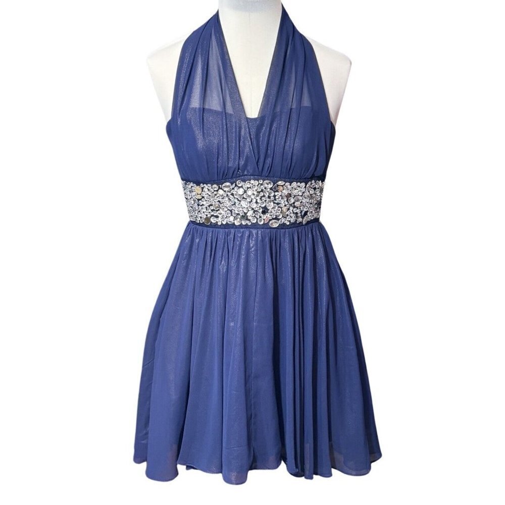 JODI KRISTOPHER Blue Rhinestone Halter Dress Juniors Size 3 Prom Cocktail Party